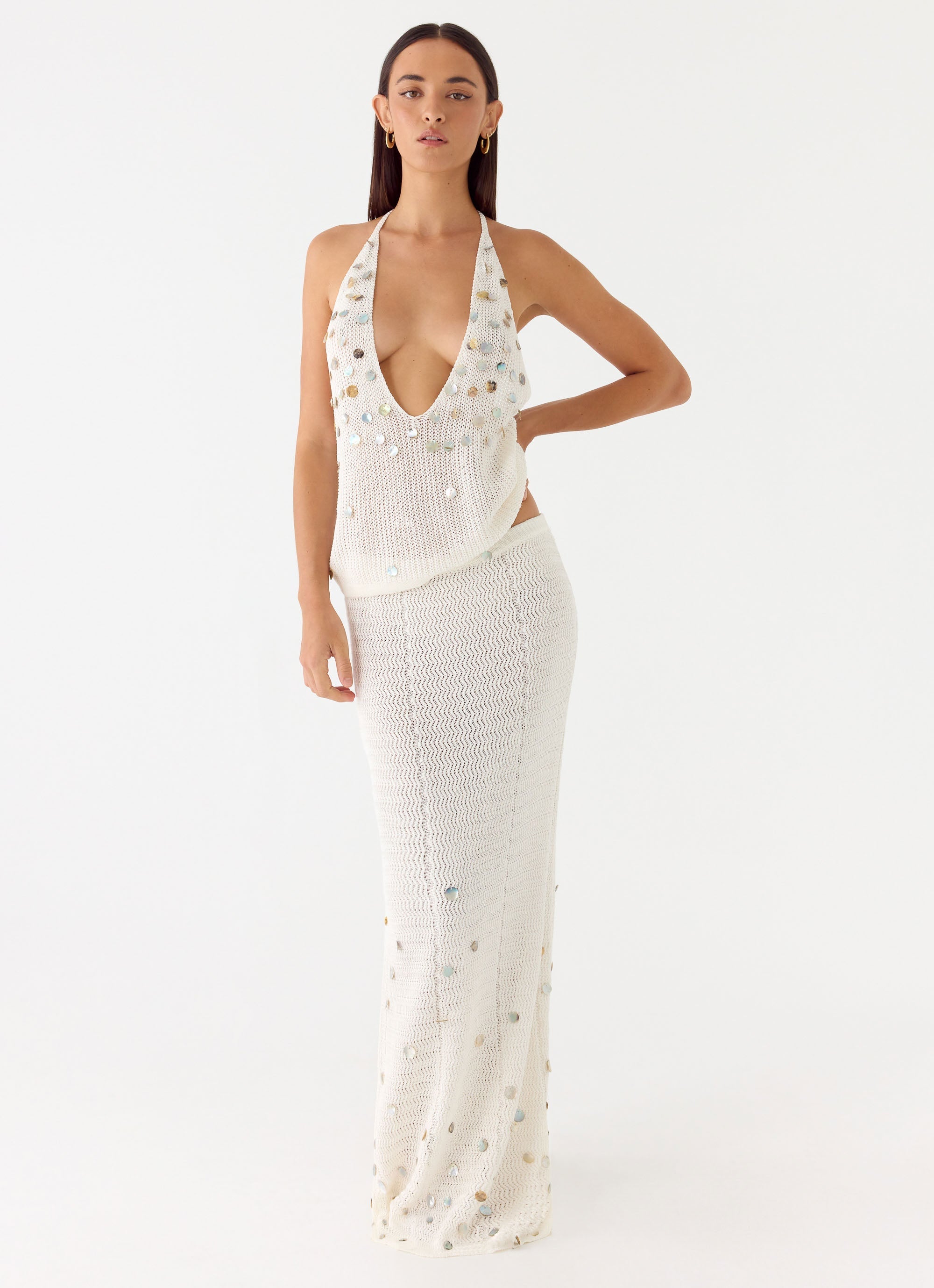 Adelaida Beaded Crochet Maxi Skirt - Ivory