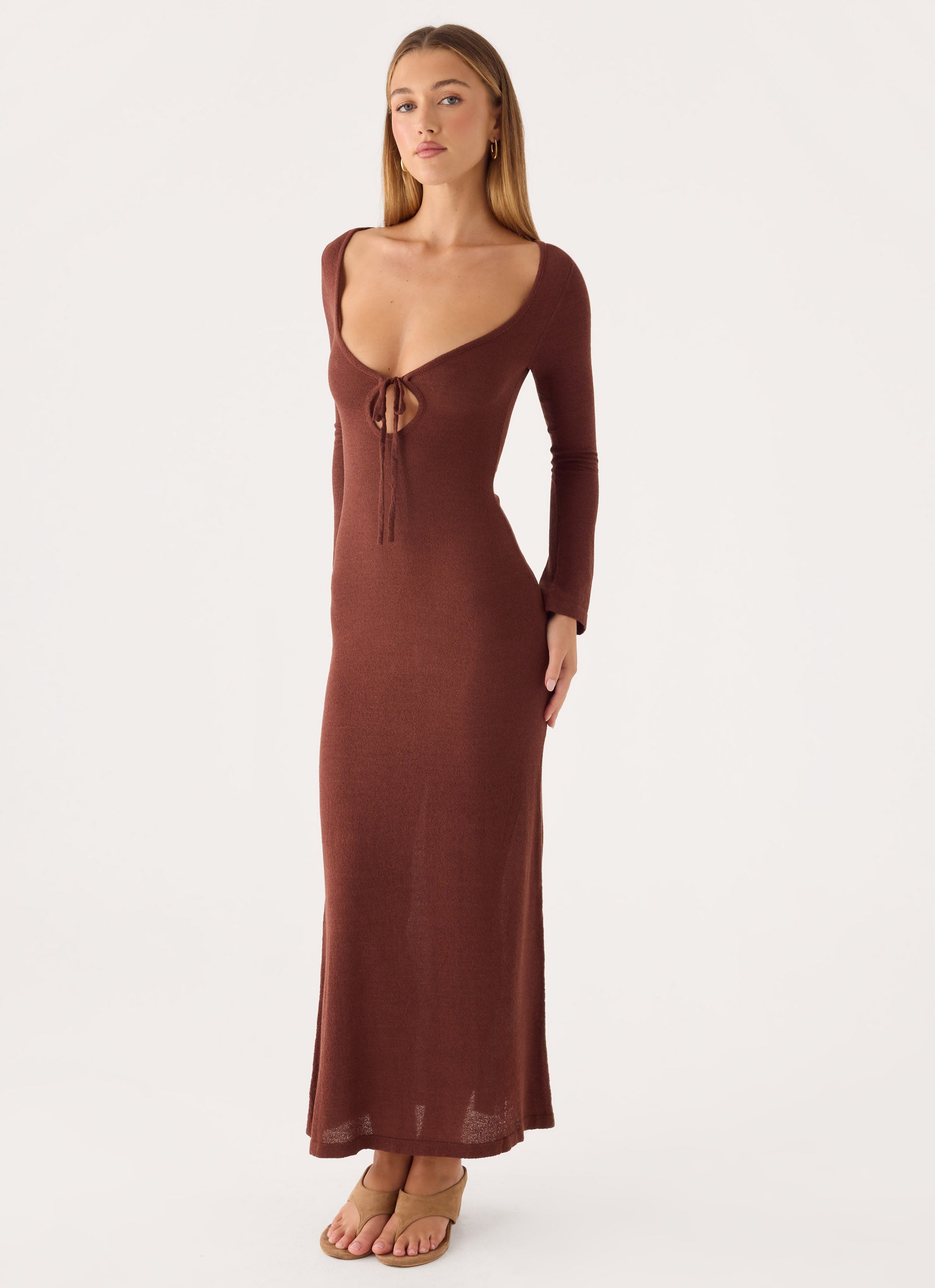 Amarise Knit Tie Front Maxi Dress - Chocolate