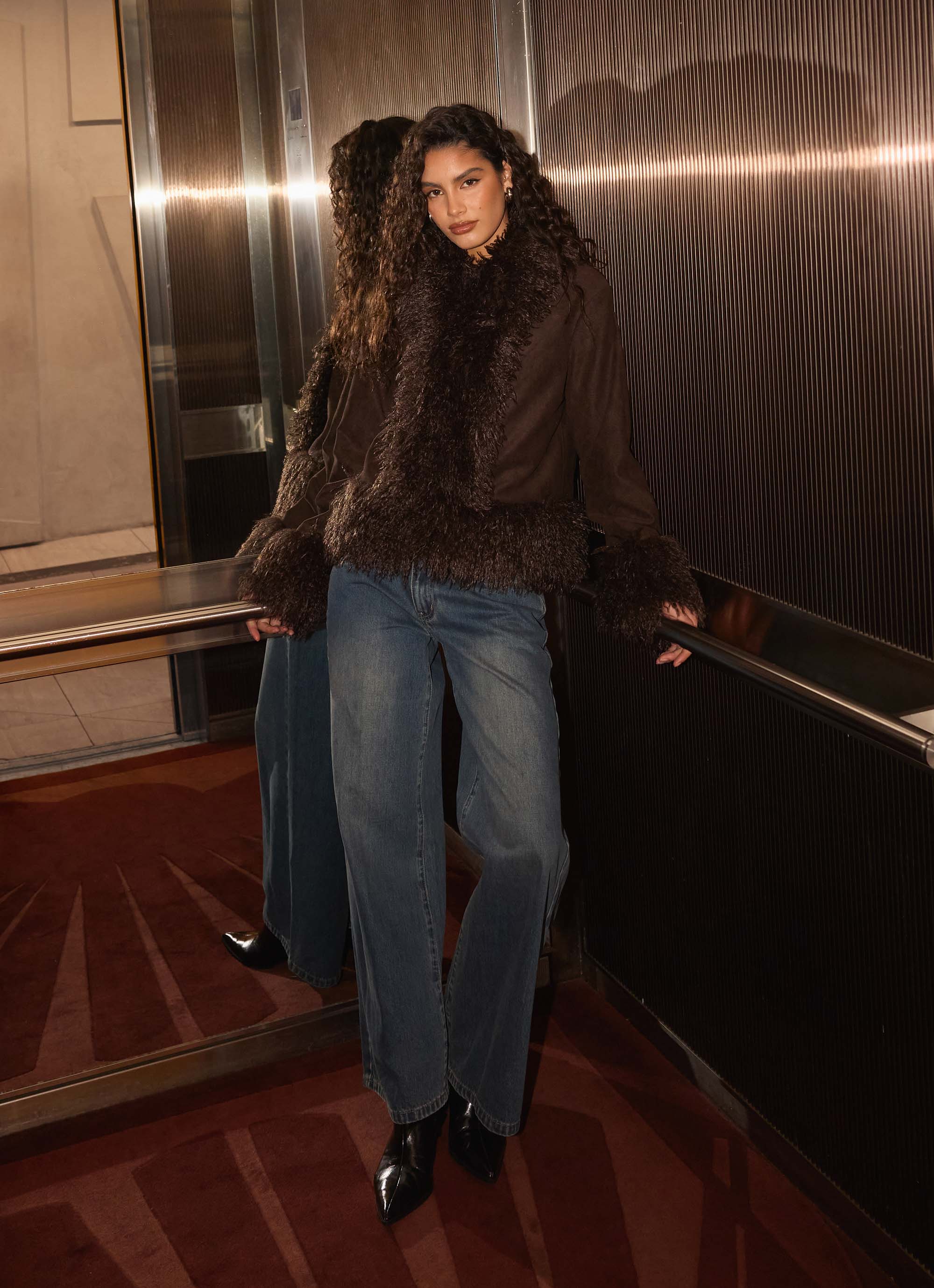 Kamsy Fur Trim Coat - Chocolate