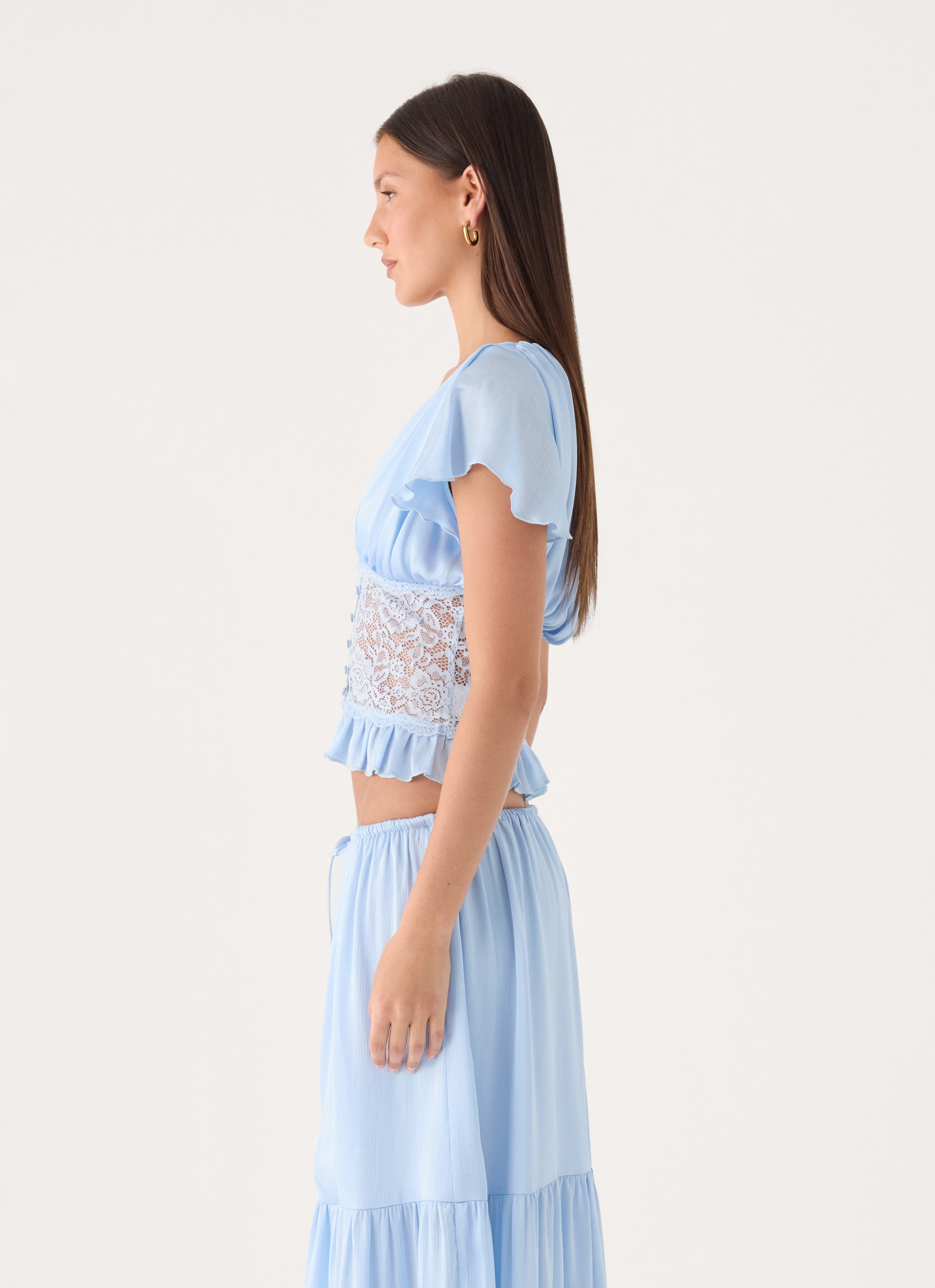 Morino Lace Button Up Top - Blue