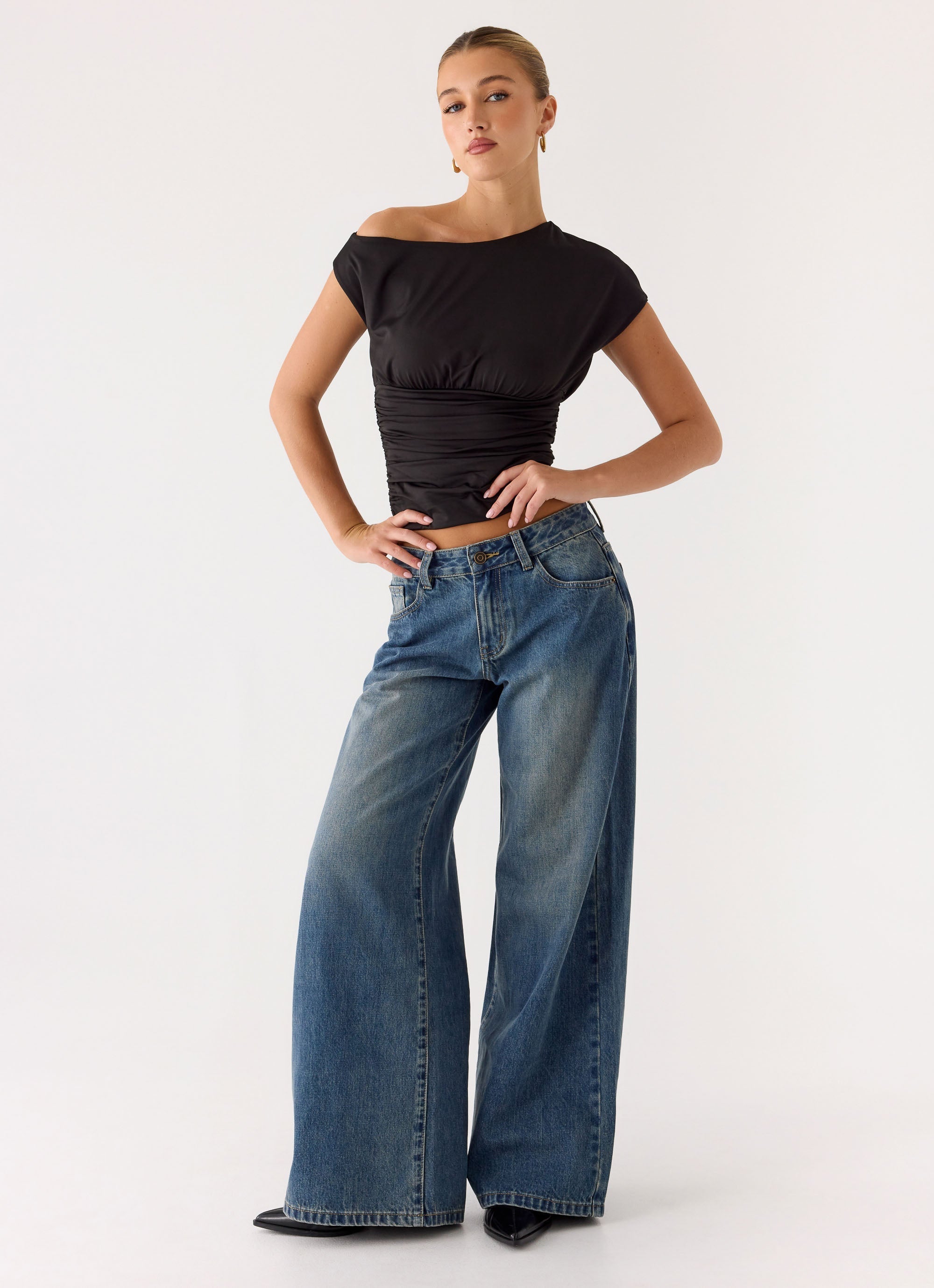 Neo Low Rise Wide Leg Denim Jeans - Vintage Blue Bleach Wash