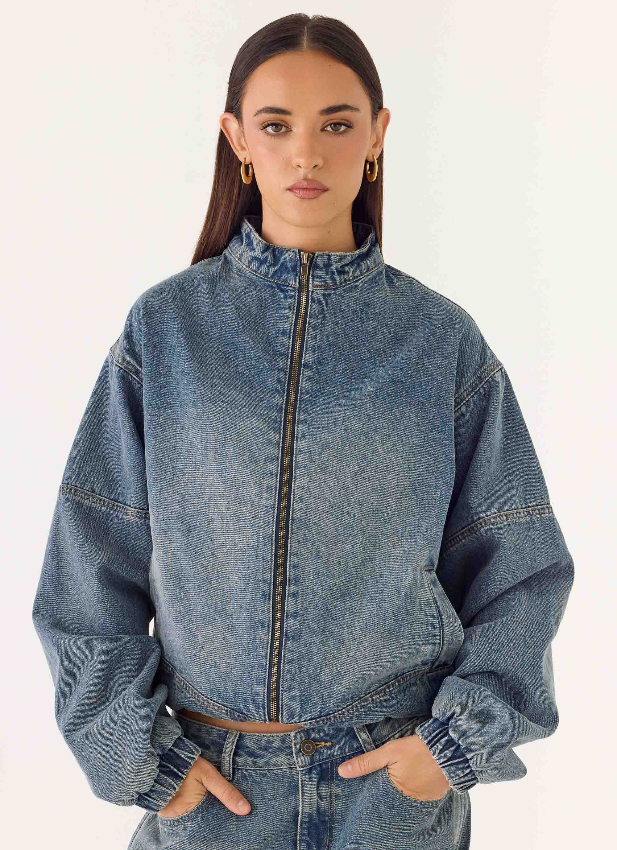 Waylon Denim Bomber Jacket - Mid Wash Blue